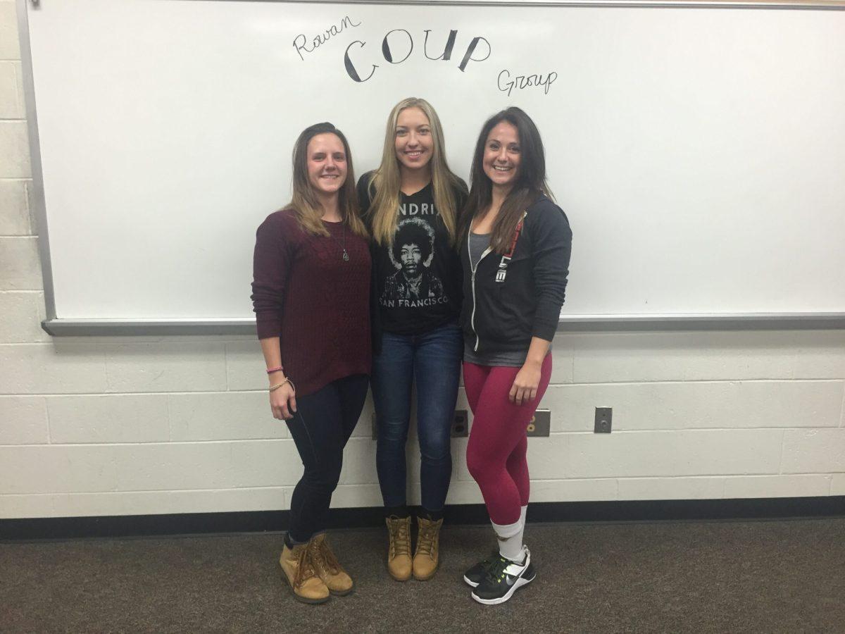 From left: COUP President Samantha Della Fave,  junior accounting major Erica Fredericksdorf and junior health promotion and fitness management major Catherine Luick at the Tuesday, Dec. 8 COUP meeting. -Leon Purvis for The Whit