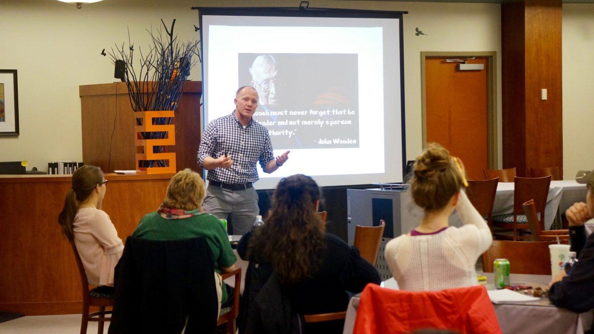 Gary Baker discusses lessons he learned from sports leaders during the March 7 ProfTalk. Baker is the Assistant Director of Orientation & Student Leadership Programs. -Staff Photo/Anthony Medina