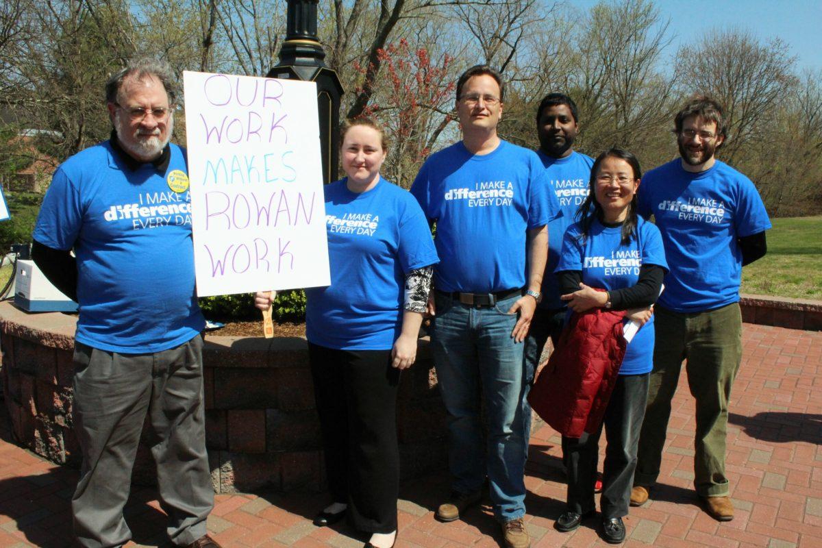 Rowan staff gather outside Robinson Hall, on Monday April 11 to create awareness for lack of contracts.