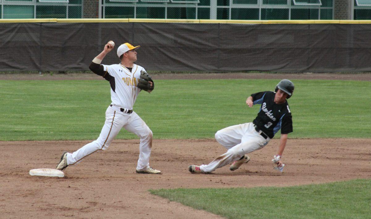 Shortstop Matt Jolly turns two against Stockton on April 22. Jolly leads the team with three homeruns. -Assistant Photo Editor/Amanda Palma