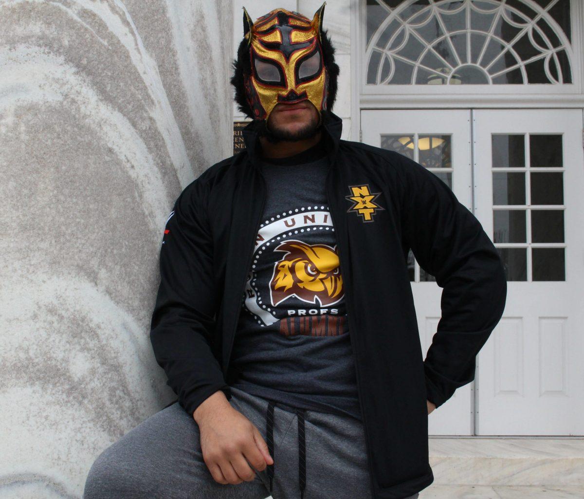 WWE superstar and Rowan alumnus Lince Dorado poses on the steps of Bunce Hall. A luchador by trade, Dorado has pursued his pro-wrestling passion since a young age. -Photo Editor/Amanda Palma