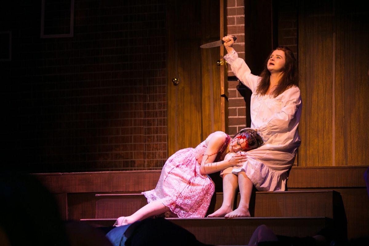 Meagan Cutting as Carrie and Kristy Joe Slough as her mother in Rowan Theatre's "Carrie: The Musical." This event concluded Rowan University's "Season of Horror." Photo courtesy of David Cimetta