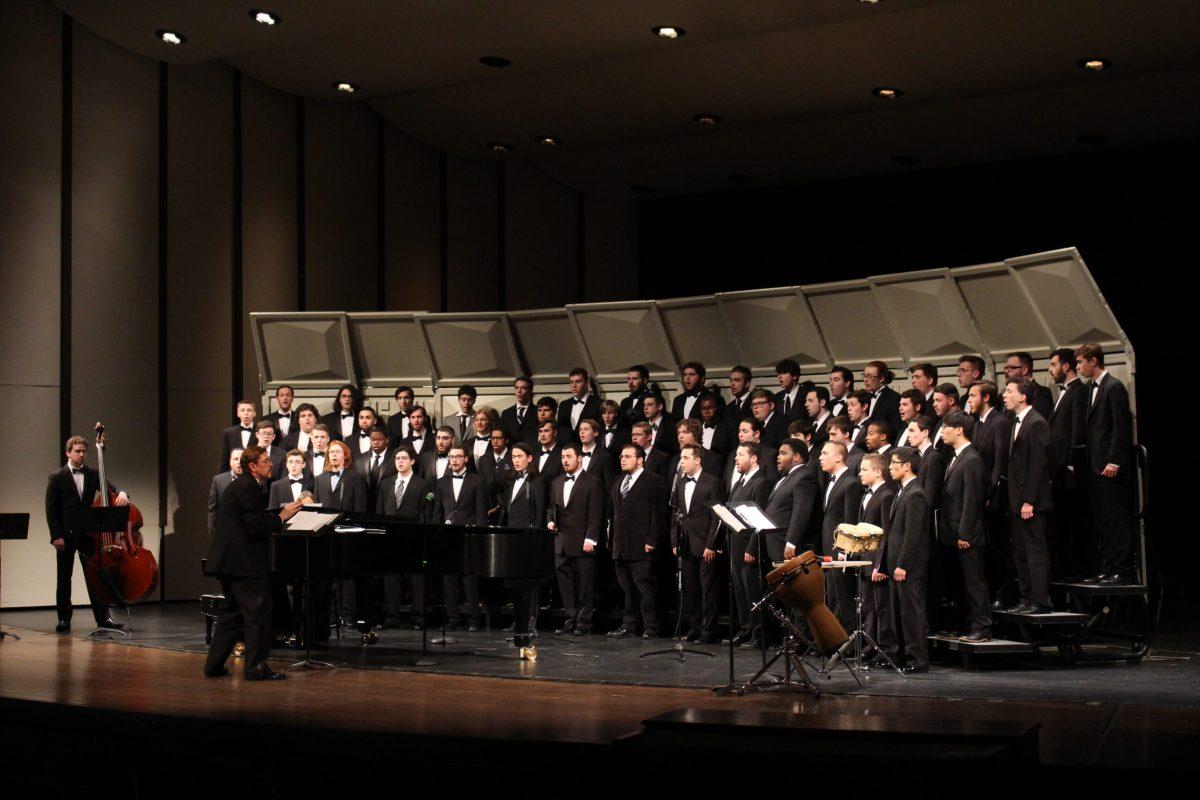 The Rowan Men's Choir performing on stage last Tuesday. Their set featured a variety of hits, including the opening number from "Robin Hood: Men in Tights." Photo Editor/Amanda Palma