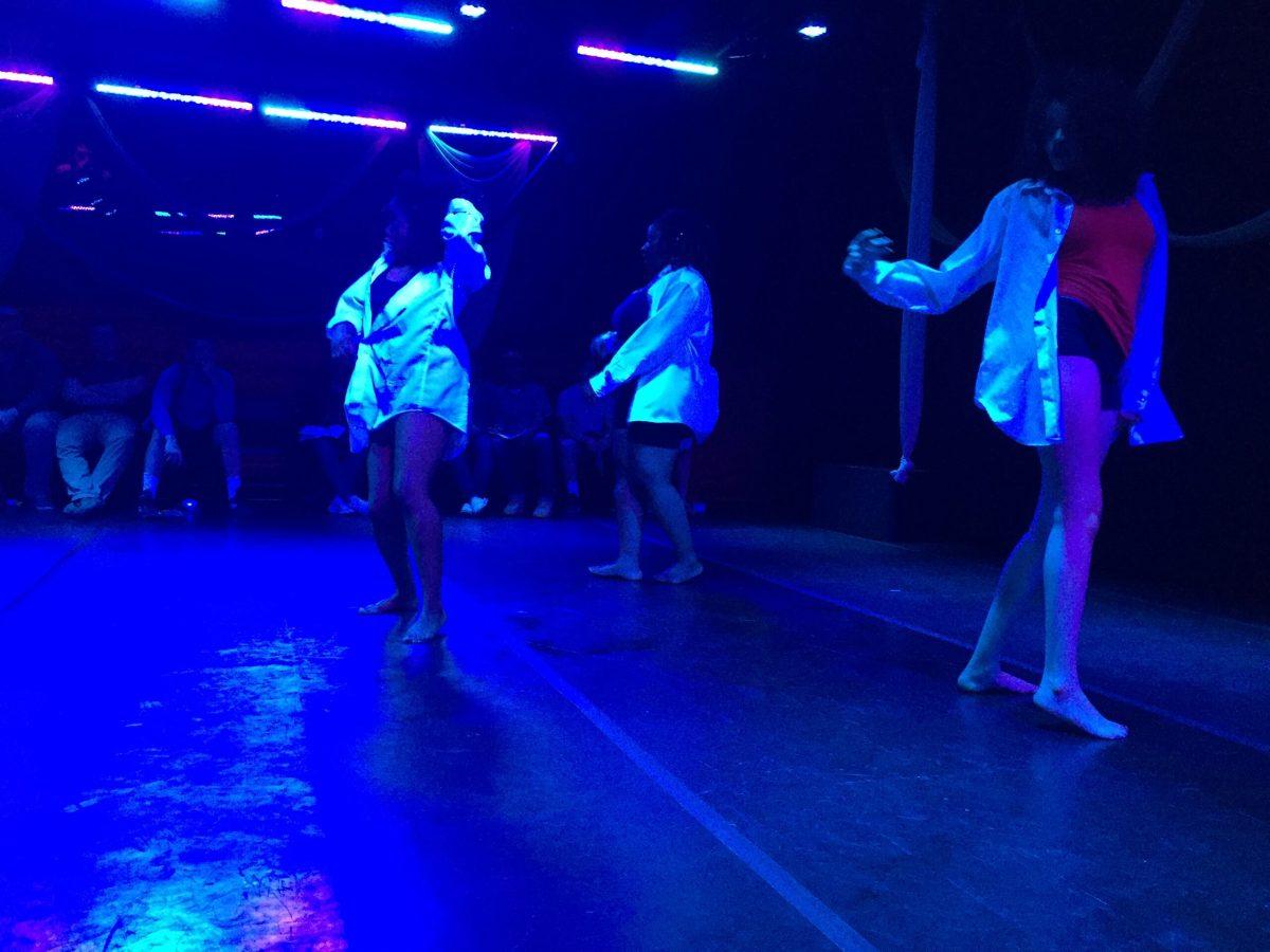 From left: Mikayah Mott, Beatrice Alonna and Nicole Cummings perform the final monologue during "For Colored Girls" at Rowan University on April 20. (Staff Photo/Ashleigh Albert)