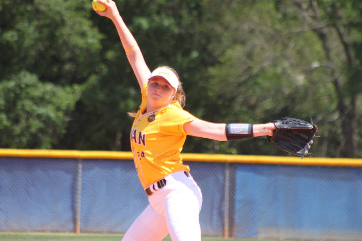 Freshman pitcher Lauren Shannon winding up for a pitch in a game earlier this year. Shannon is 14-0 with a .99 ERA on the season. -Photo courtesy of Sports Information