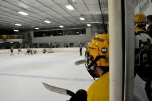 A Rowan hockey player looks on as his team faces Penn State earlier last season. The Profs opened up their 2017/2018 campaign with a 6-3 win against Wagner. -Photo Editor/Nicole Mingo