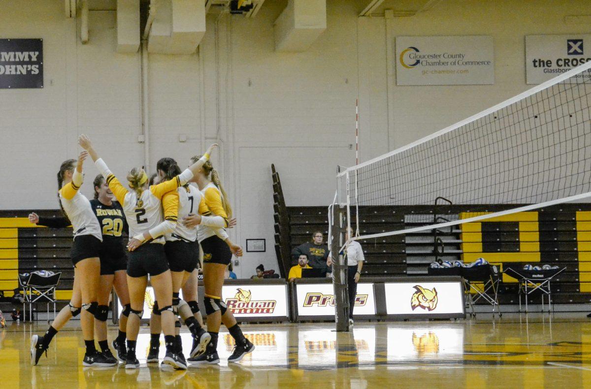 The Rowan volleyball team celebrates during a game last week. The Profs head to  Stockton on Thursday. Photo Editor/Nicole Mingo