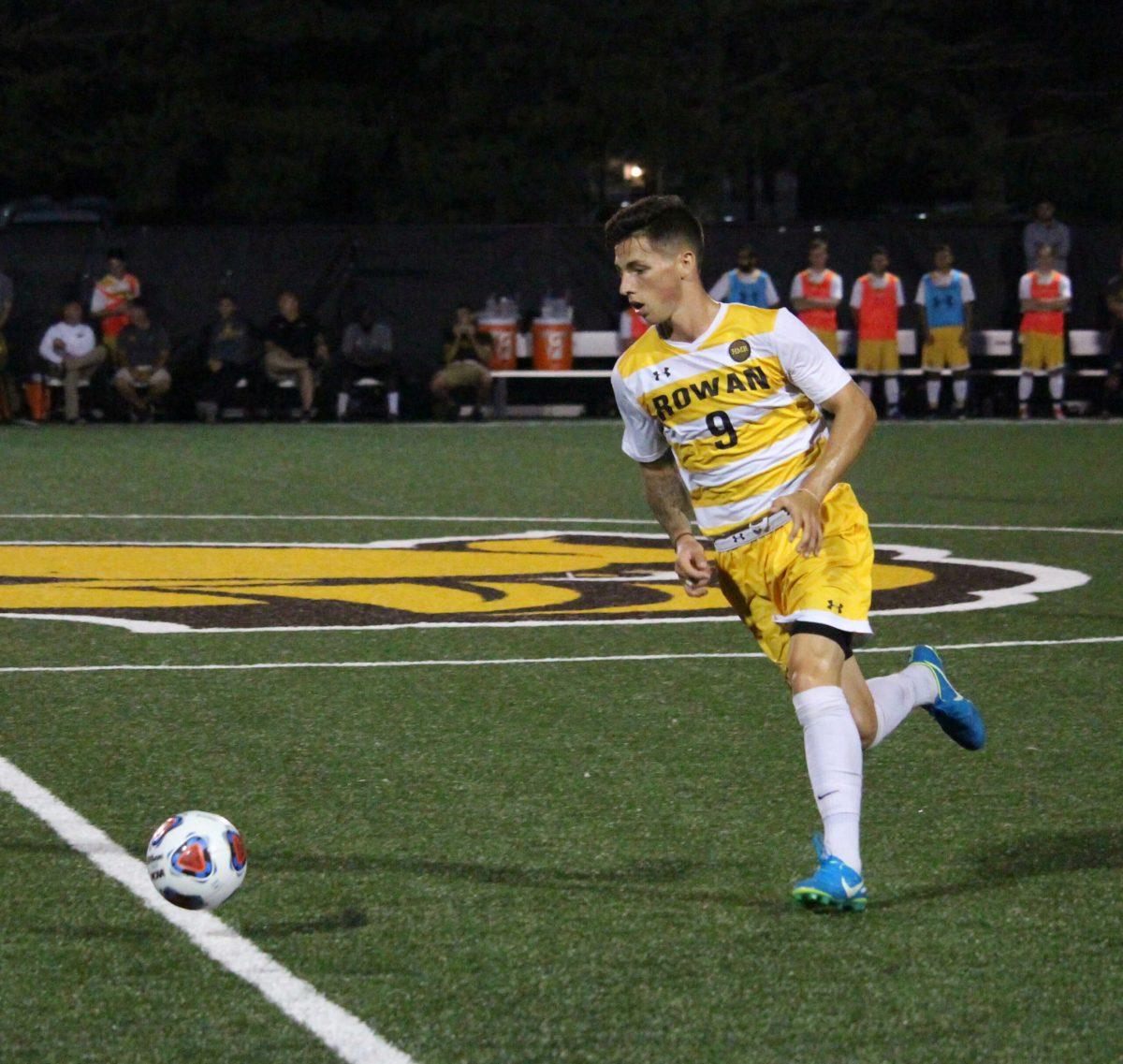 Sophomore forward Matt Hendrickson on the attack against New Jersey City University on Saturday. He had a goal in the 6-0 win. -Photo Editor/Amanda Palma