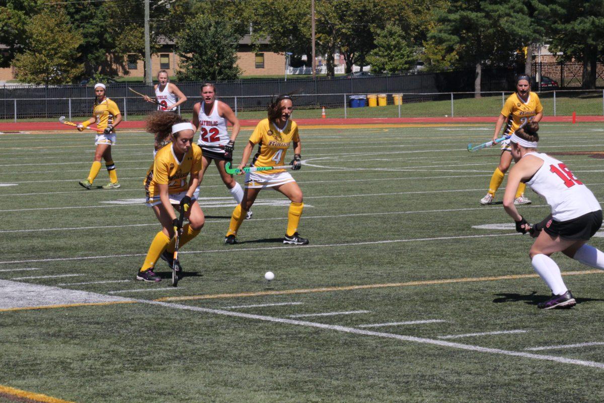 Sophomore back Celia
Sokolofski looks to take on a defender from Catholic University earlier this week. Rowan would fall 2-0, but later defeated Cabrini University on Tuesday - Photo Editor/Amanda Palma