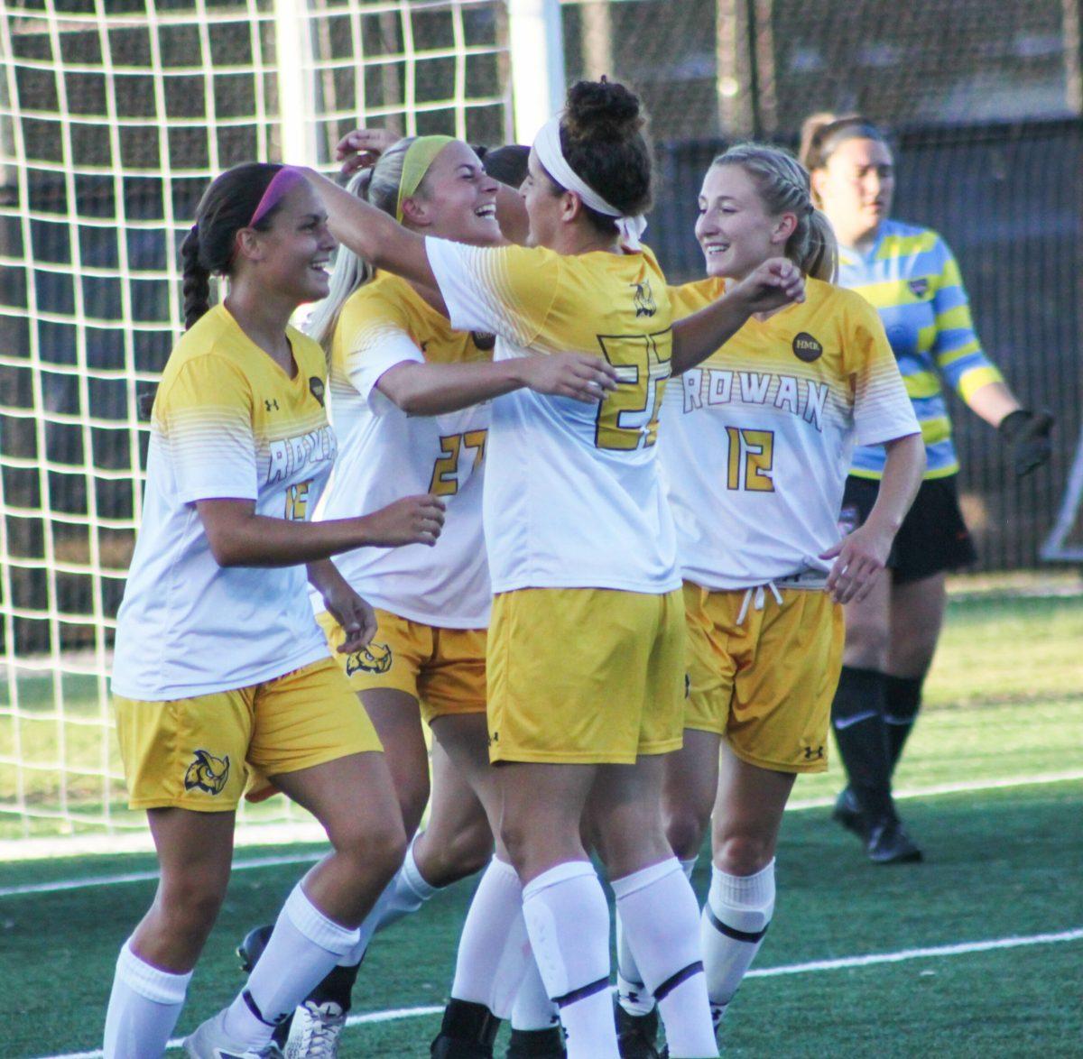 Senior captain Melissa Kelly celebrates with her team on Saturday against William Paterson. The Profs won that game, 6-0. Photo courtesy of Sports Information/Joseph Martin