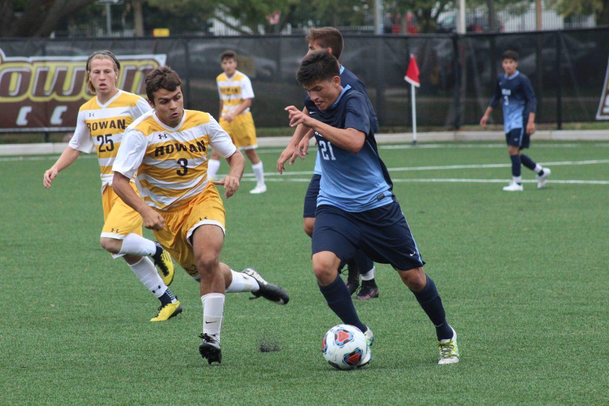 Senior back Garrett Hoagland battling a Kean University attack last season. The Profs have allowed just six goals thus far in the season. - Photo Editor/Amanda Palma