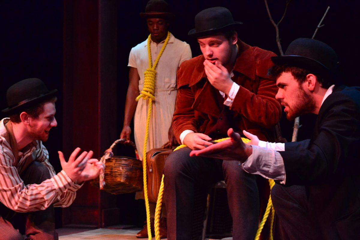 Rowan Lab Theatre's production of "Waiting for Godot." From left to right: Sam Tracton as Estragon, Kate Wilburn as Lucky, Matthew Zupancic as Pozzo, and John Hager as Vladimir. -Photo courtesy of Kylie Westerbeck