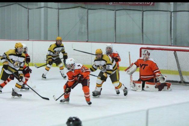 The Rowan DII ice hockey team in a game against Virginia Tech during the 2015-2016 season. Rowan defeated the Hokies 6-2 this past week with two hat tricks from Bobby Penrod and Connor MacEwen. Photo courtesy of Gina Fowler, taken during 2015-16 season