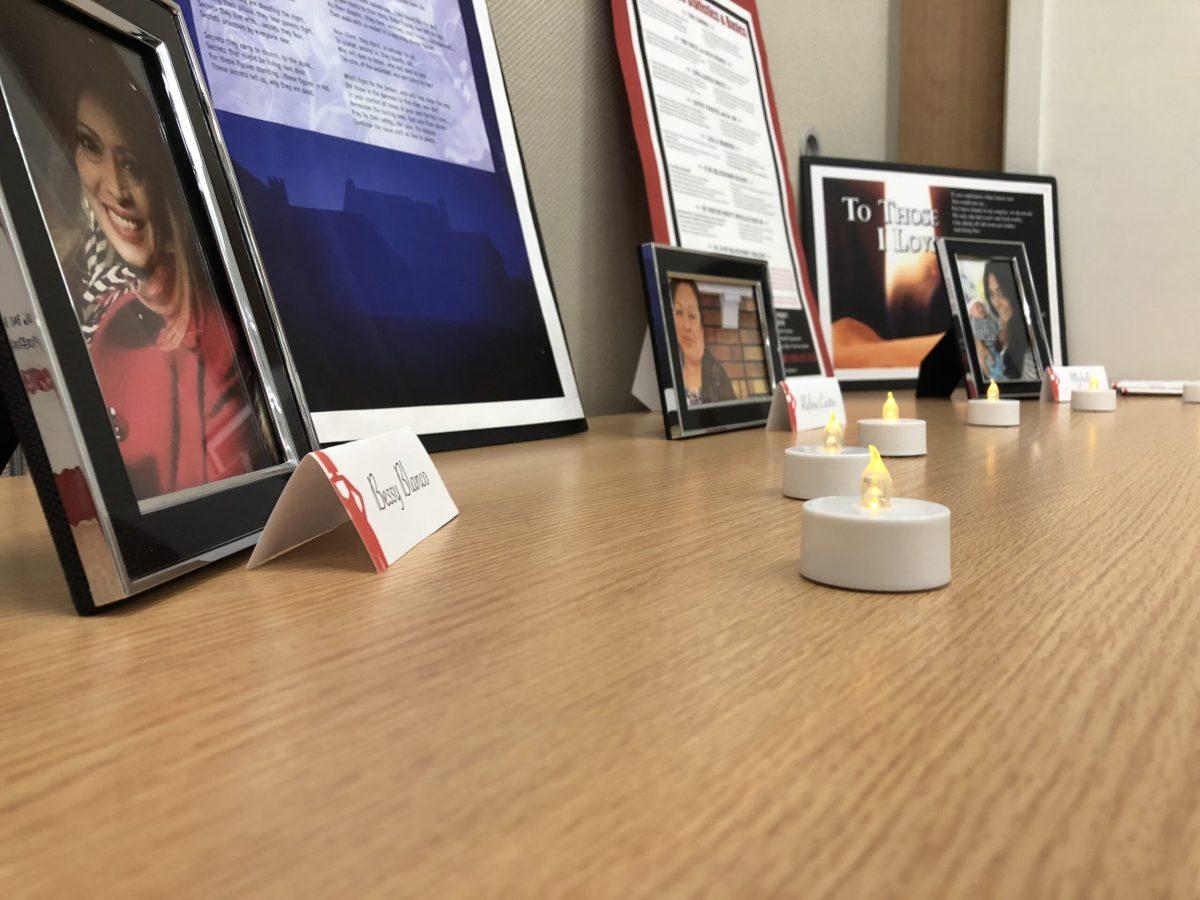 A memorial to those who were killed due to intimate partner violence was set up in Business Hall room 104 -Staff Photo/Justin Decker