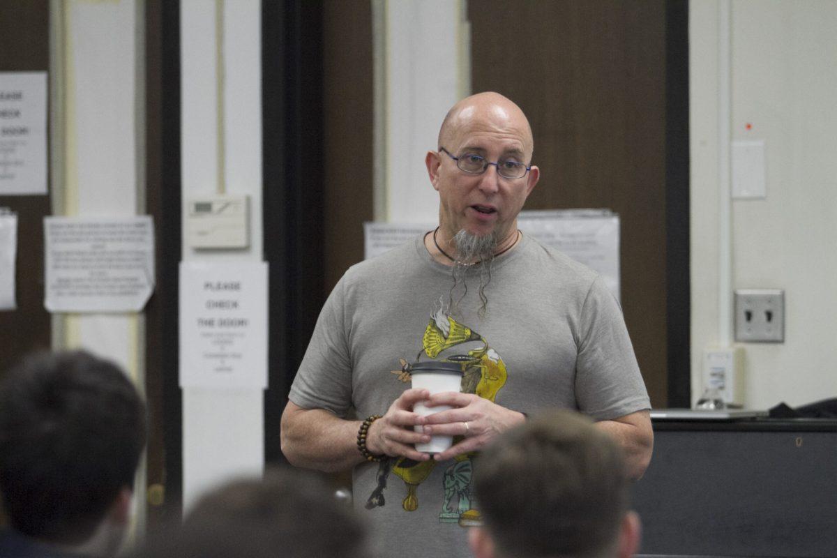 Jeff Coffin discusses touring and running his own record label at music industry program talk. -Assistant Photo Editor/Miguel Martinez