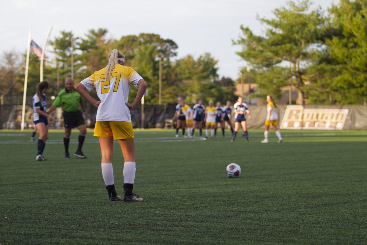 Sophomore back Casey Lubonski looks on for a free kick against TCNJ on Wednesday evening. The team lost 2-1 in OT, but secured the second seed in the NJAC Championship Playoffs. Assistant Photo Editor/Miguel Martinez