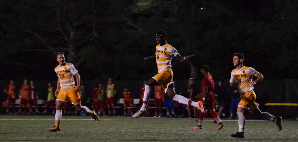 Sophomore midfielder Modou Sowe celebrates during a game against Montclair State University earlier this year. Photo Editor/Nicole Mingo