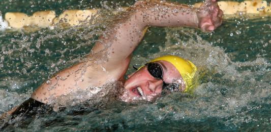 Junior sprints swimmer Miranda Coughlan in a race during her freshman season.  Both the women's and men's team take on New York University to open up the 2017-2018 season on Saturday at 1 p.m. in Glassboro. 