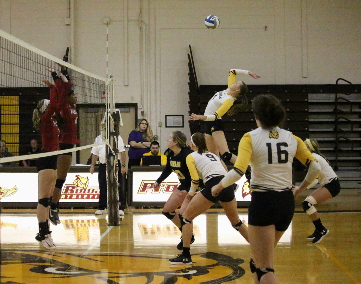 Sophomore hitter Kailey Gallagher goes up for an attack against Montclair State University on Tuesday. The Profs would fall, 3-2. Staff Photo/Jaryd Leady