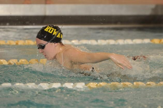 Senior captain Amanda Burke during a meet two years ago. Burke led the team in the 100 and 200 backstrokes during the 2015-2016 season. Photo Courtesy of Sports Information. 