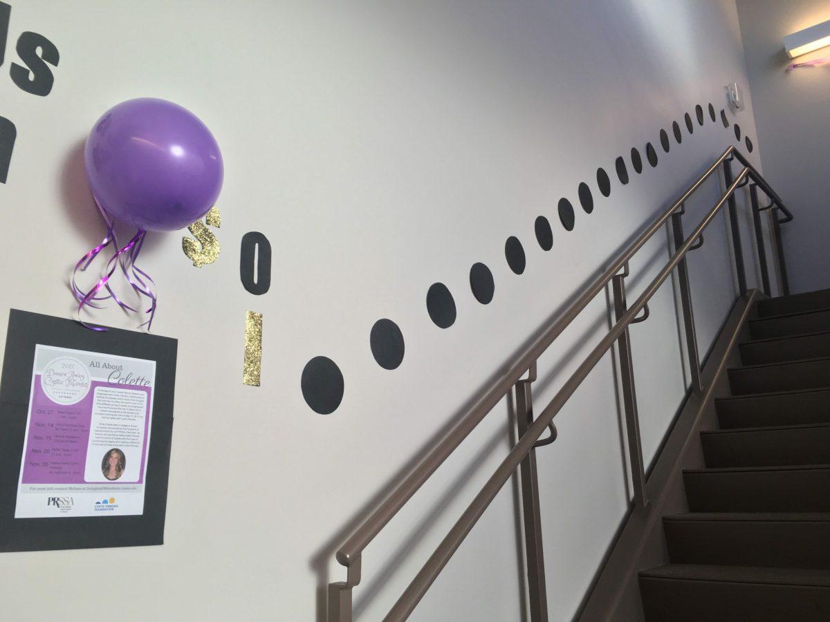 PRSSA has held charitable events in the past. Decorations from PRSSA hang in the hallway as a reminder to students about the Dance Away Cystic Fibrosis event at the end of this month. -News Editor/Matt Kass