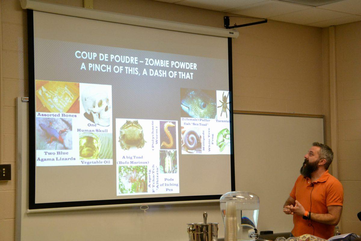 Anthropology professor Dustin Cushman explains what goes into making a zombie. -Photo Editor/Nicole Mingo