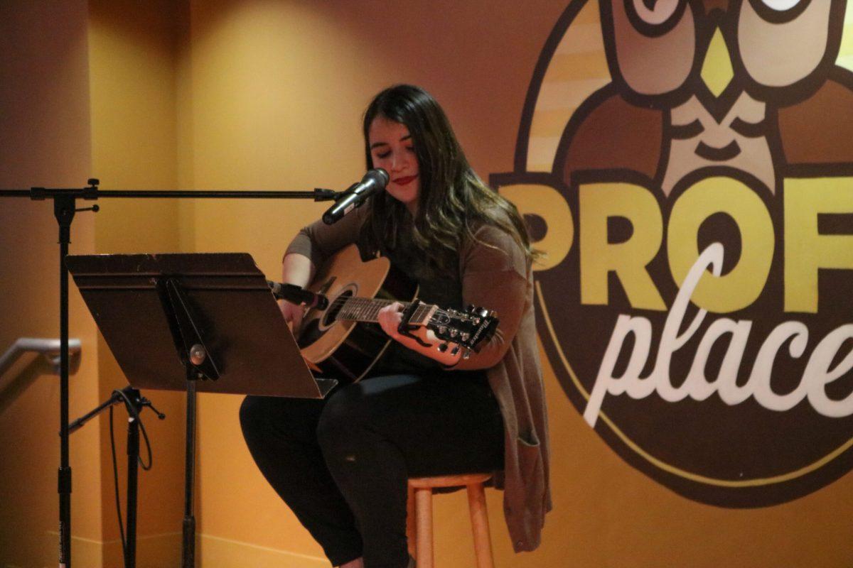 Devon Dyer performs at Profs Spotlight on Monday, Feb. 5, 2018 in Profs Place. -Staff Photo/Scott Buzby