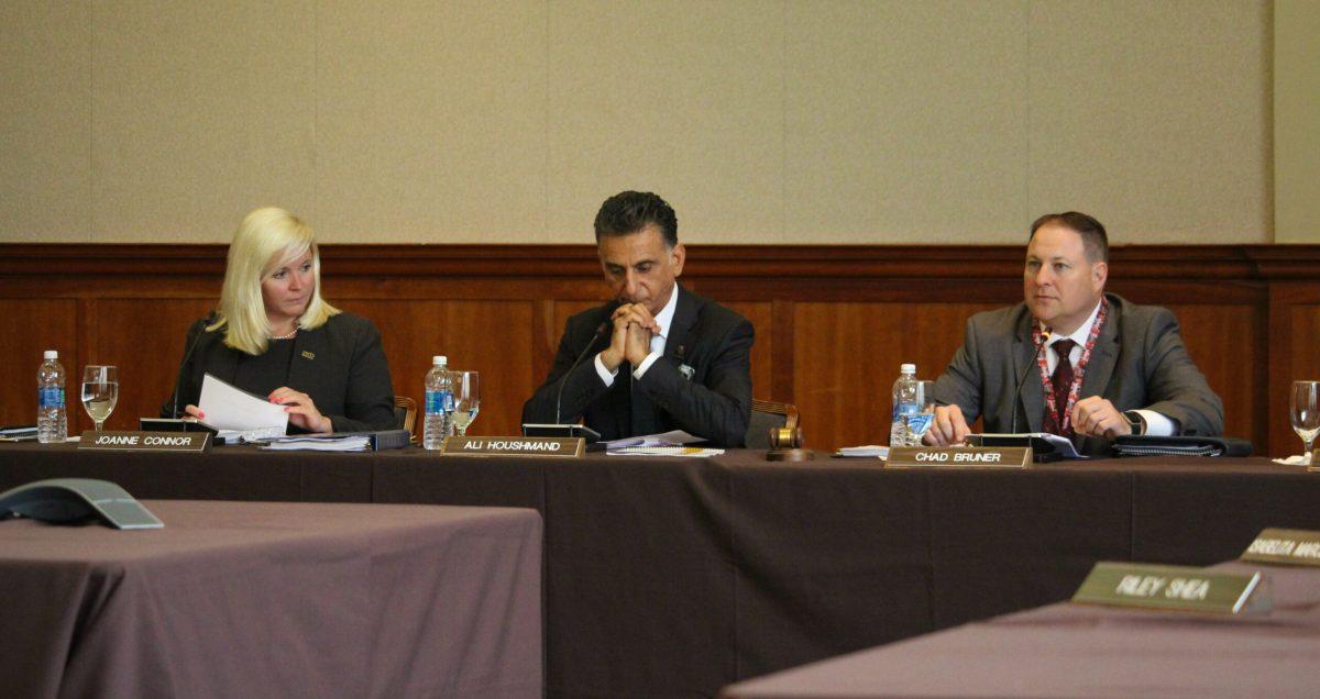 Rowan President Ali Houshmand (center) at a Board of Trustees meeting on Febraury 7, 2018. -News Editor/Matt Kass