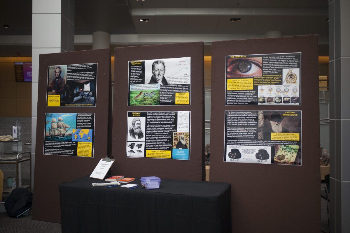 One of the displays at Darwin day was a series of poster boards about Charles Darwin's life and research. -Assistant Photo Editor/Miguel Martinez