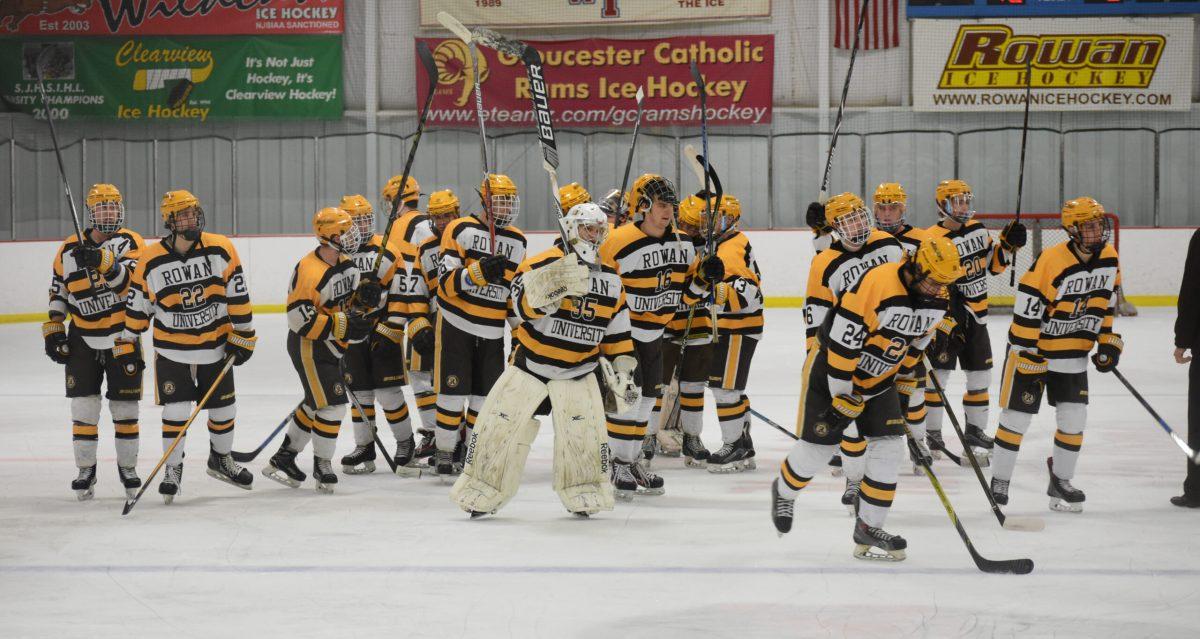 The Rowan DII ice hockey team heads off the ice in a game earlier this year against Stevenson University. Photo Editor/Nicole Mingo