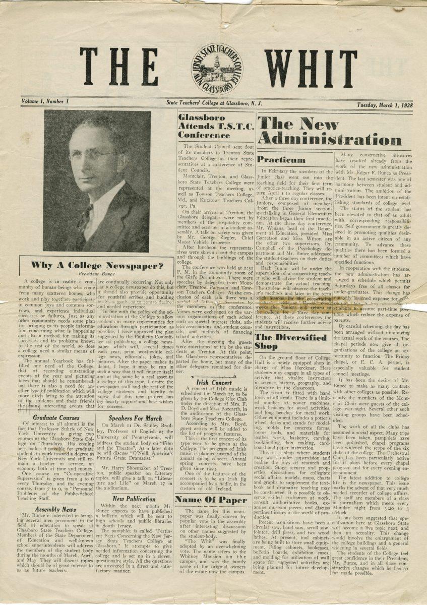 The original front page of The Whit, first published on March 1, 1938. -Photo from university archives