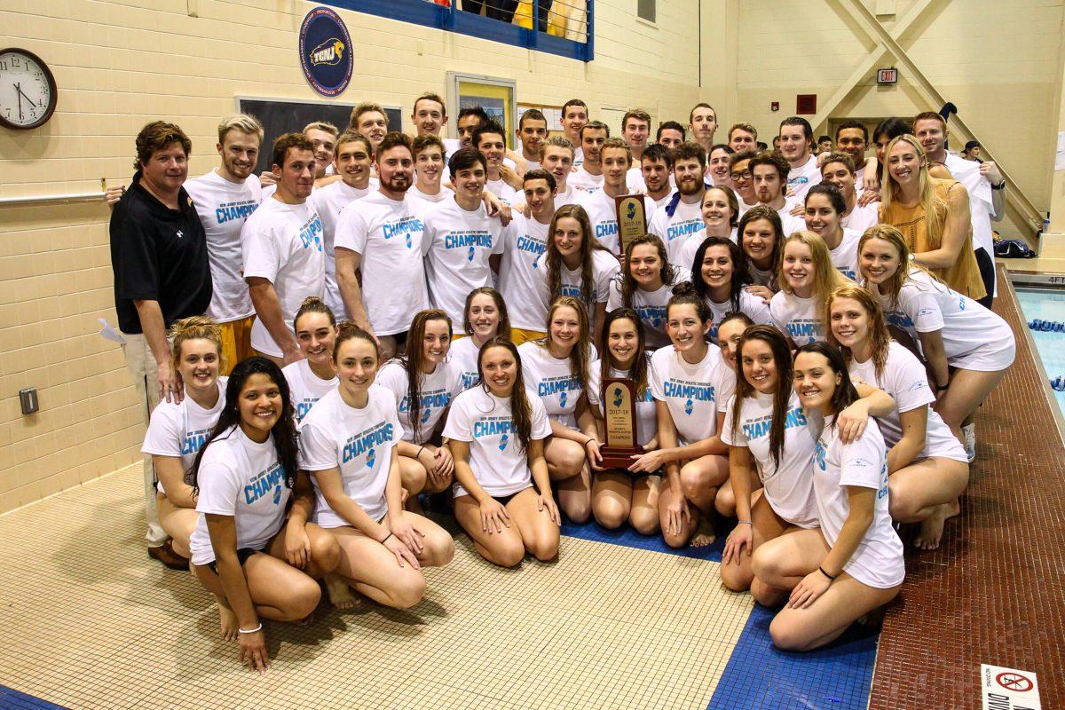 The Rowan swimming & diving teams celebrate their respective NJAC titles earlier this season. Photo courtesy of Sports Information