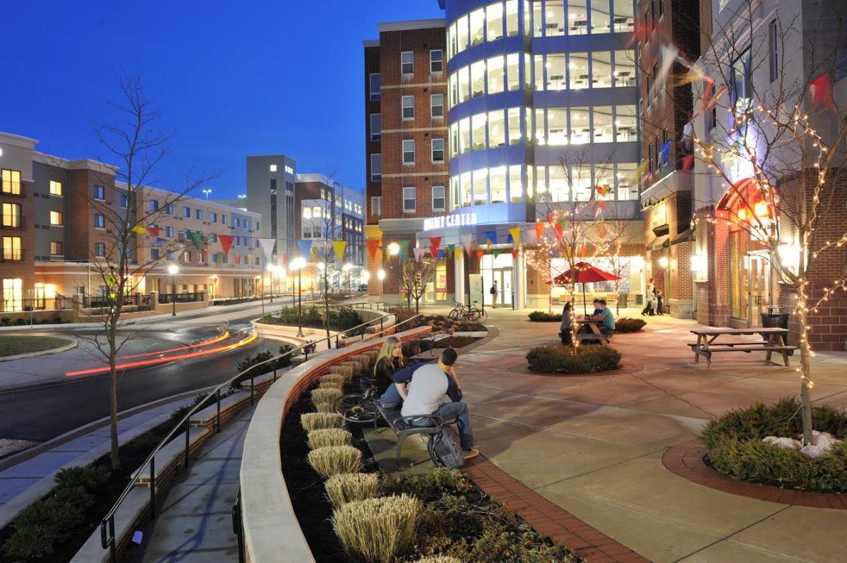 Rowan Boulevard at night. - Photo courtesy of Stephen Levine, Rowan Media and Public Relations