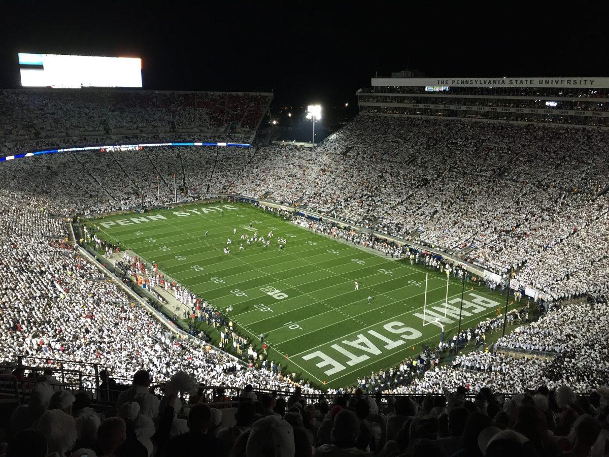 Beaver Stadium of Penn State University lit at night time for a game. Photo courtesy of Mixabay.com user "450andylocke"