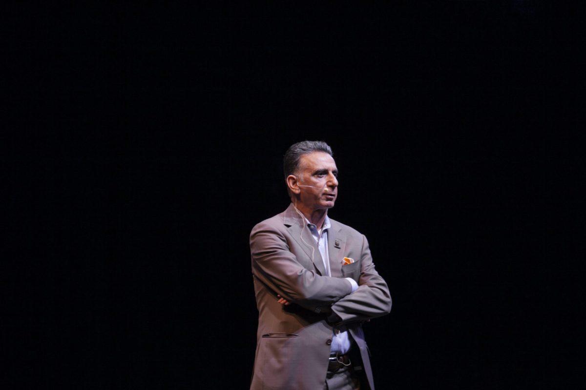 Rowan University President Ali Houshmand speaks to the crowd during University Assembled on April 27, 2018. - Editor-in-Chief / Miguel Martinez