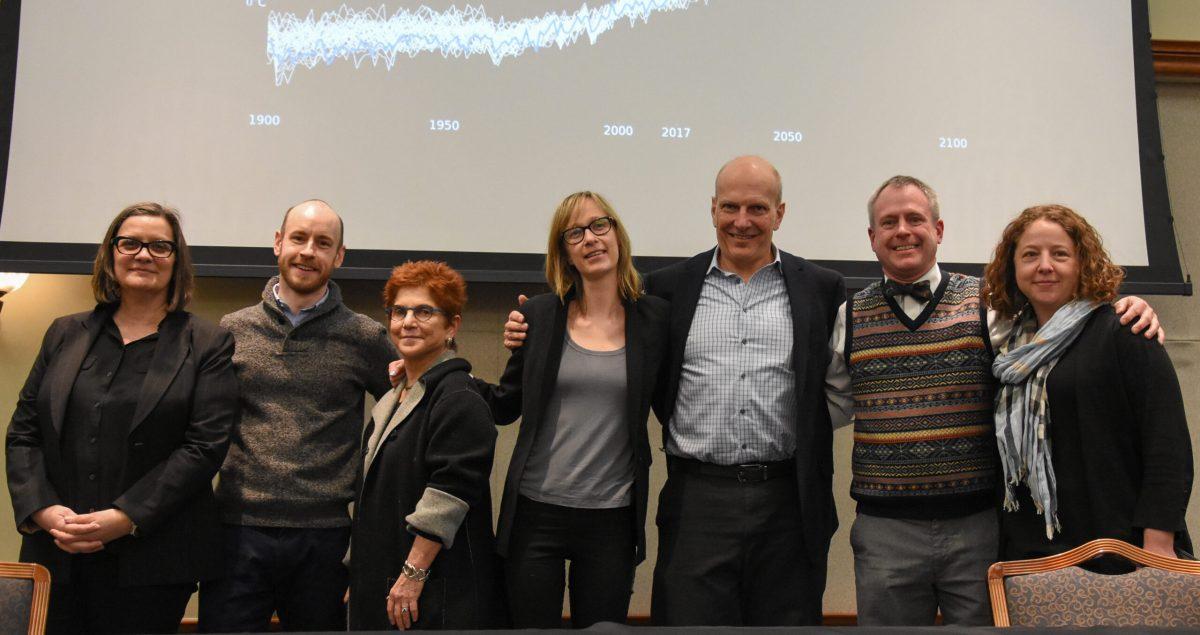 Hosts of the event and members of the panel gather on Thursday, April 5, 2018 in Eynon Ballroom. -Photo Editor/Nicole Mingo