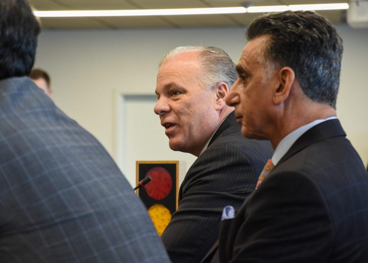 State Senate President Steve Sweeney and Rowan University President Ali Houshmand sit side-by-side during a budget hearing at Rowan Hall on Tuesday April 3, 2018. -Photo Editor/Nicole Mingo