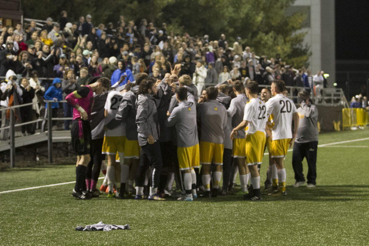 The mens soccer team celebrates after a game last season. They are now on their first winning streak of 2018. Multimedia Editor/Miguel Martinez