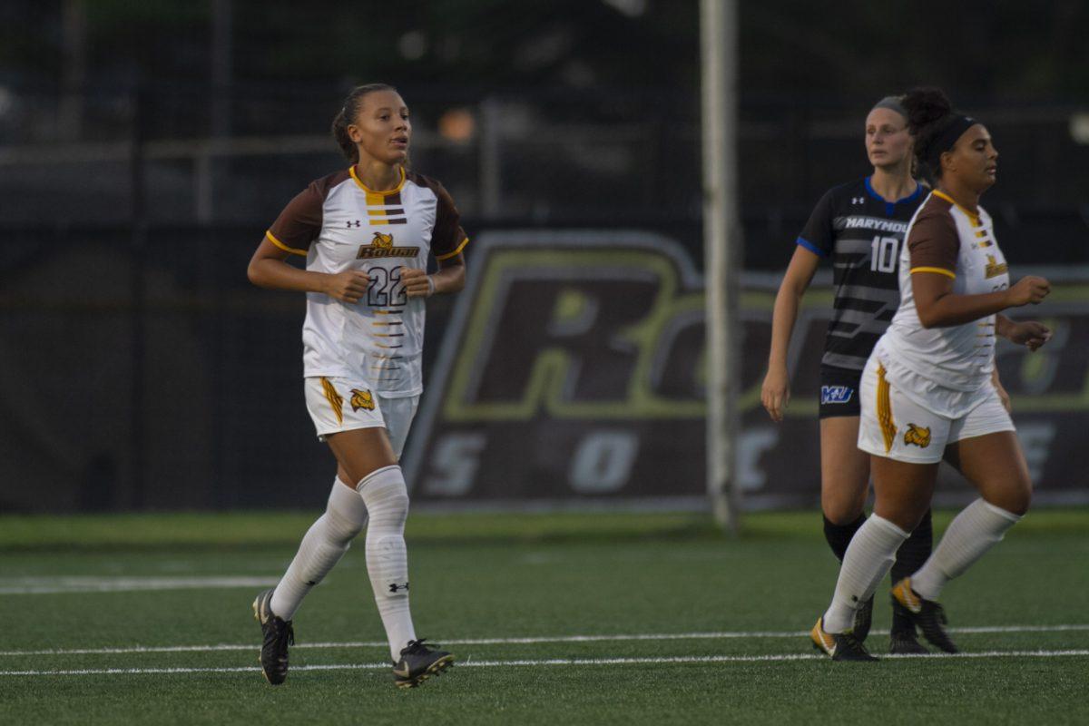 Junior Daria Jones trots on the turf against Marymount University on Wednesday night. She had two goals on the night to give her five on the season in as many games. Multimedia Editor/Miguel Martinez