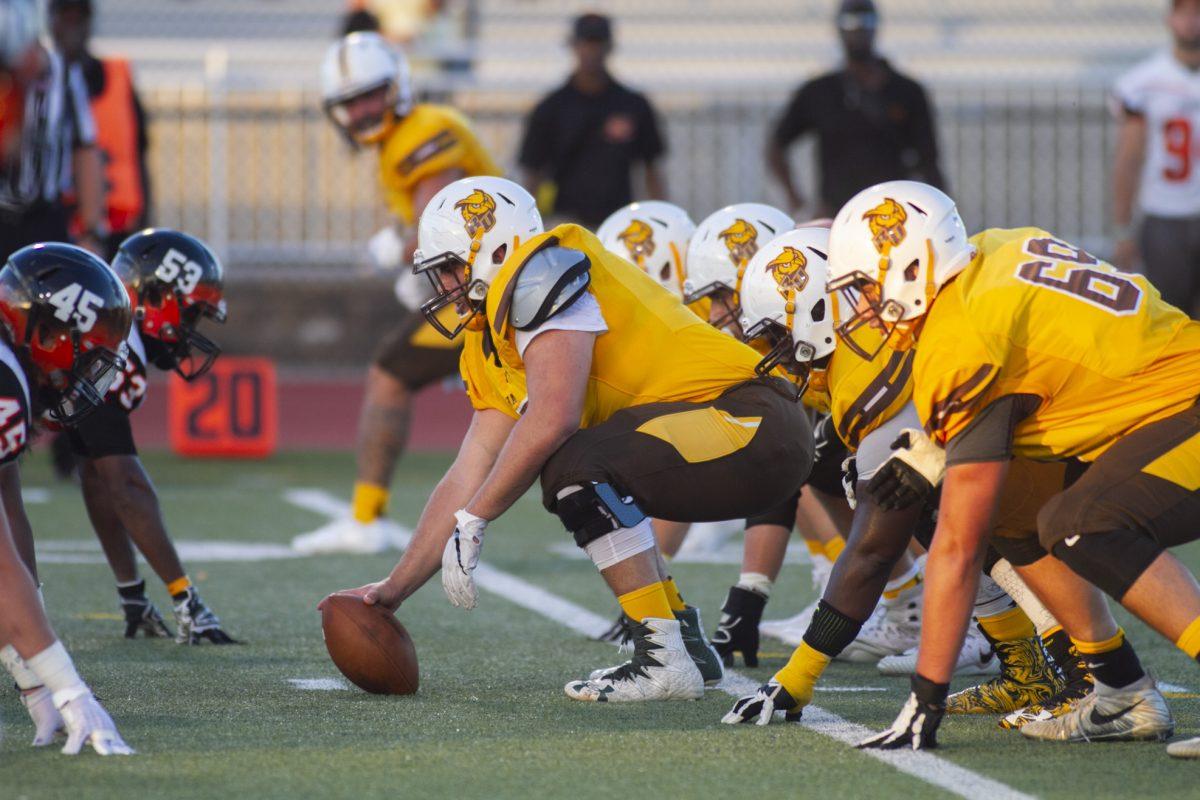 The Rowan football offense lines up against William Paterson University earlier this year. The Profs take on Christopher Newport University on Saturday at 6 p.m. Multimedia Editor/Miguel Martinez