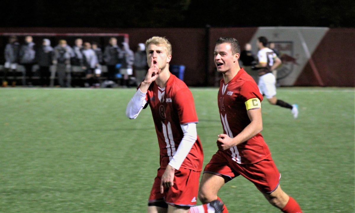 The Montclair State Red Hawks celebrate during their 4-3 win over the Rowan University Profs. The Montclairion Sports Editor/Anthony Gabbianelli