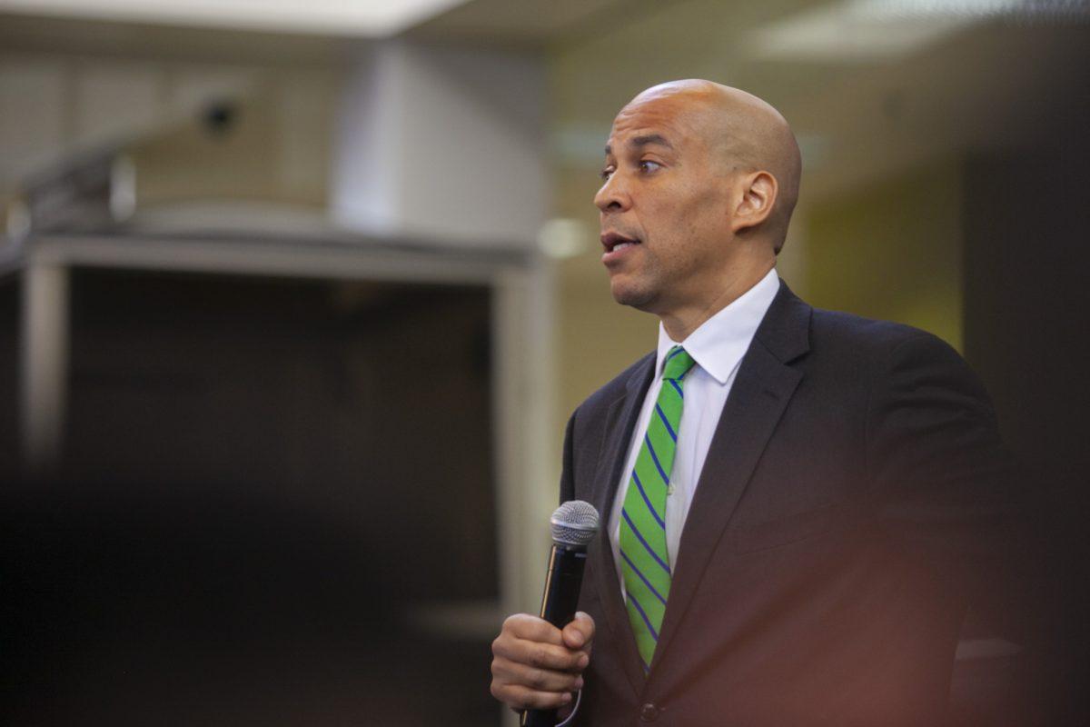 Senator Corey Booker speaks at the Get Out the Vote Rally sponsored by the Rowan Democrats in the Chamberlain student center.