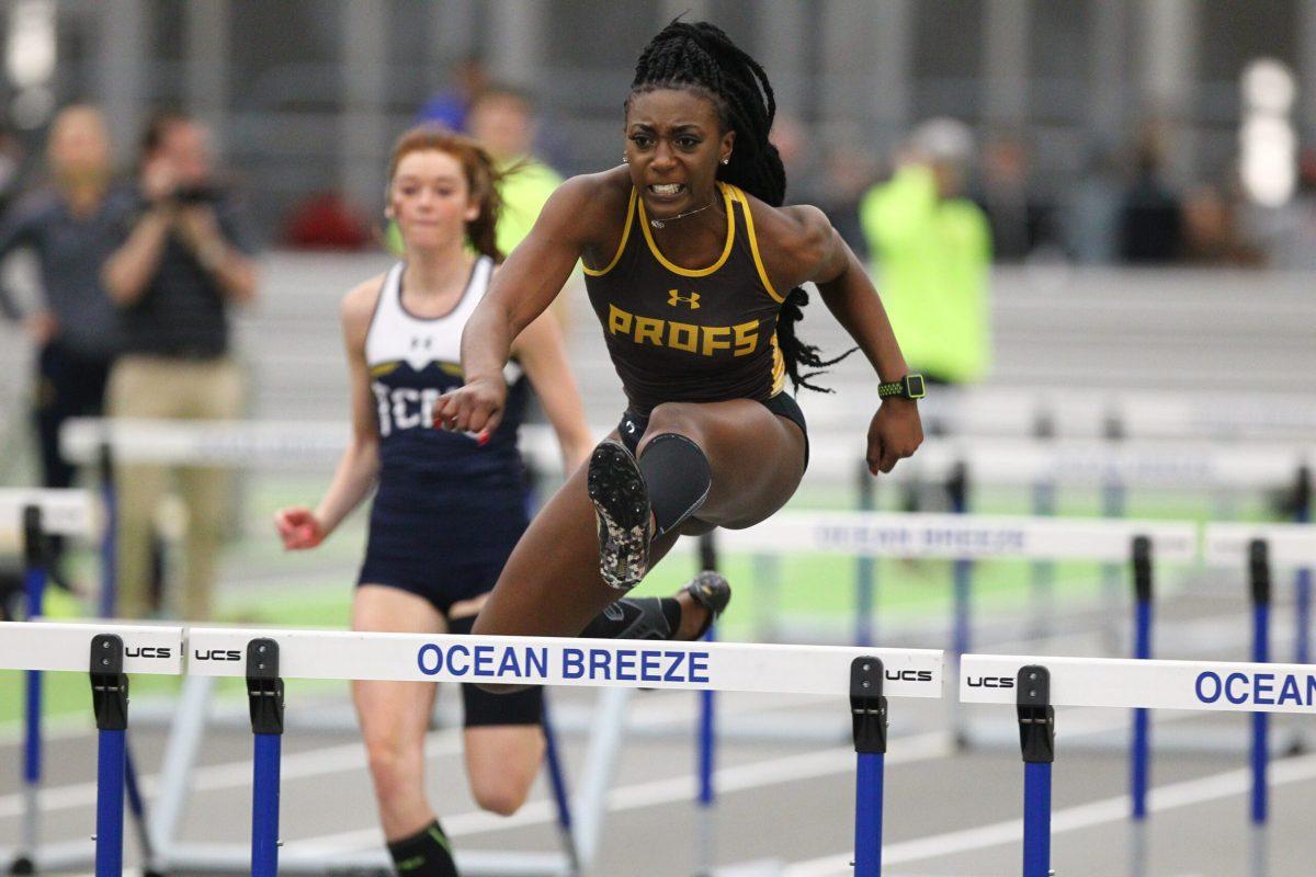 Aspen McMillan competes during the NJAC Championships on Monday. McMillan took first in the 60 meter hurdles and holds the best time in all of Division III. Photo courtesy of Rowan Athletics