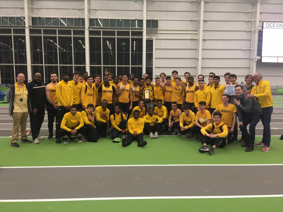 The Rowan men's indoor track and field team celebrate their NJAC title. Photo courtesy of the New Jersey Athletic Conference. 