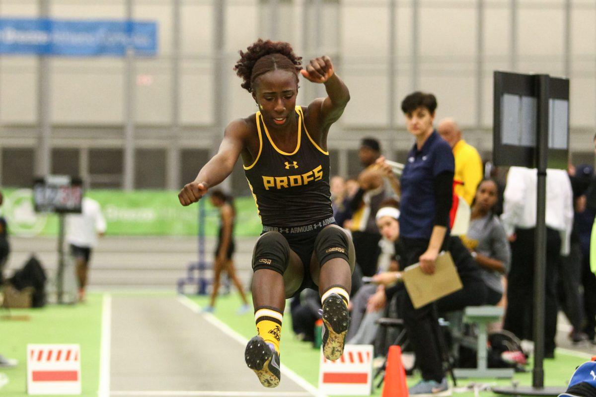 Michele Macauley competes at the NJAC Championships at Ocean Breeze 2/19/18. Photo courtesy of Rowan Athletics.