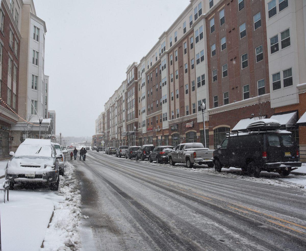 Rowan Boulevard covered in snow during a snow storm in  New Jersey. Photo Courtesy of Nicole Mingo