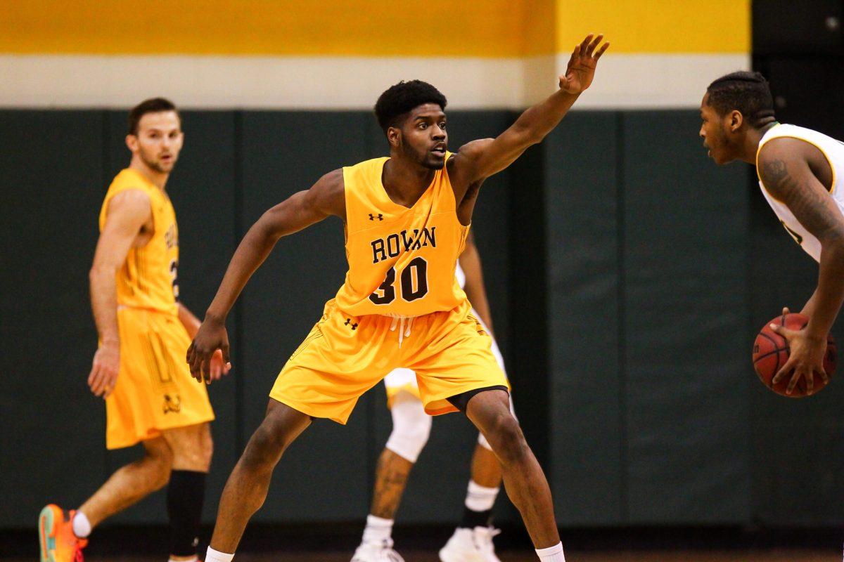 Junior Diante Bah defends during a game earlier this season that just ended. Photo courtesy of Rowan Athletics. 