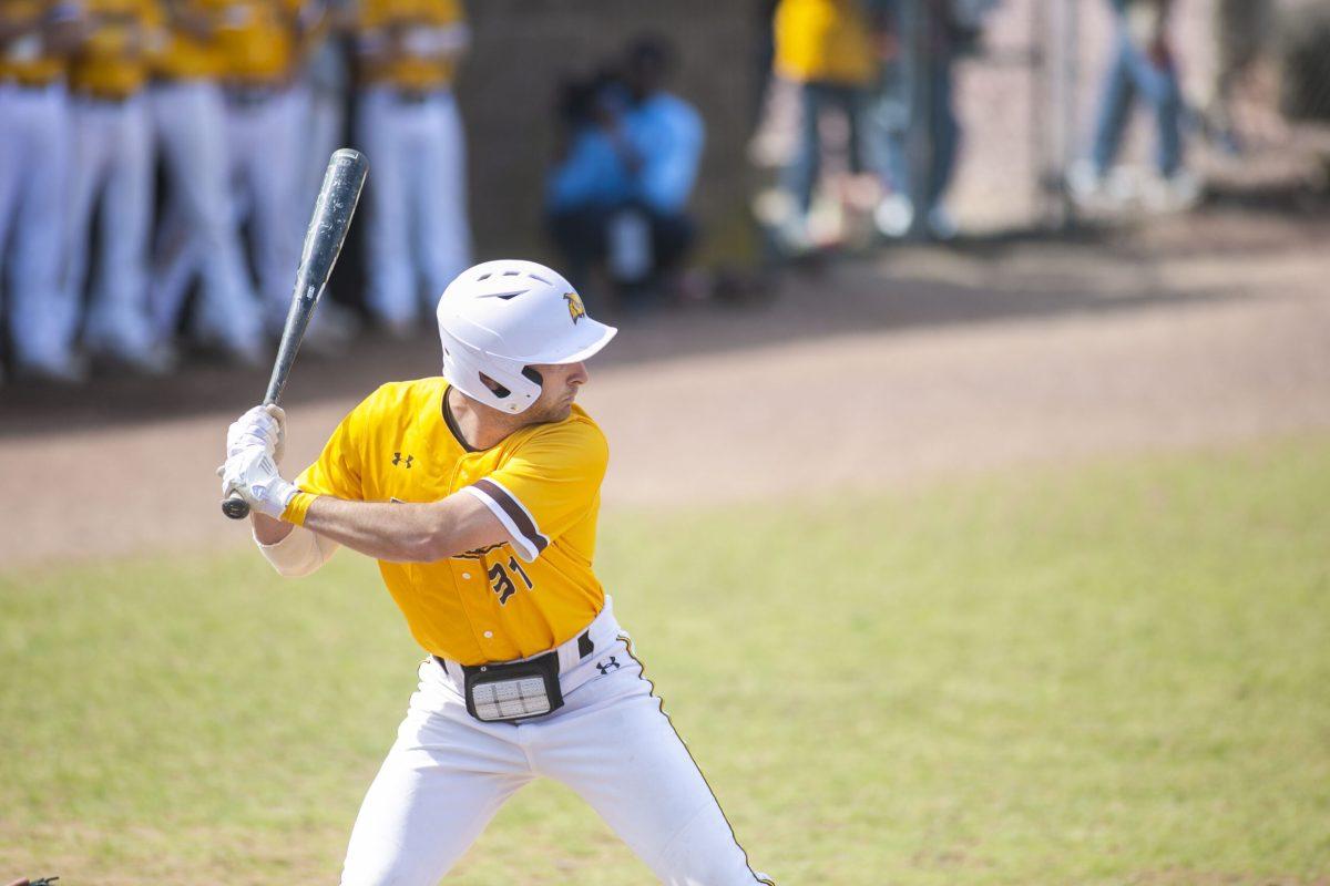 Senior outfielder Matt Woods up to bat earlier this year. His RBI double against TCNJ in the sixth on Wednesday led the Profs to a win. Multimedia Editor/Miguel Martinez. 