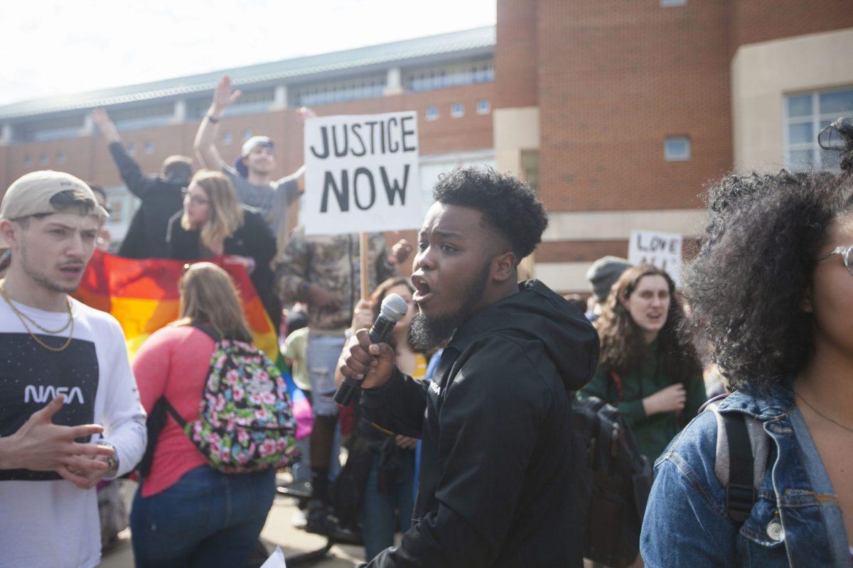 SGA President Rbrey Singleton speaks to students at a protest. -Multimedia Editor/Miguel Martinez 