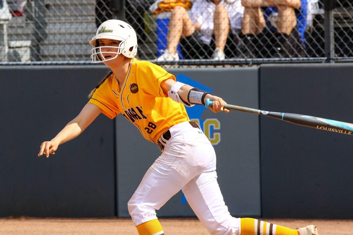 Freshman Morgan Zane looks on after making contact against Kean University on Saturday. Kane went 5-for-8 with a home run, double and four RBIs in the doubleheader. Photo courtesy of Rowan Athletics. 